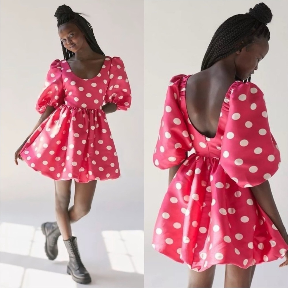 Sister Jane Dress Womens Small Showtime Mini Pink White Polka Dot Puff Sleeve